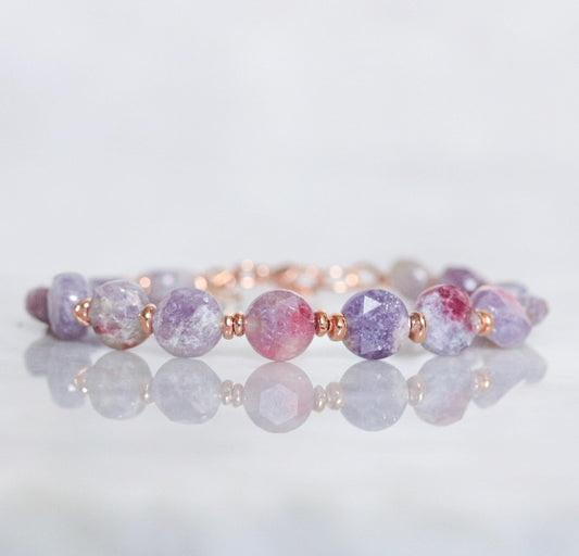 Plum Flower Tourmaline Bracelet: Karen Hill Tribe Gold Fill, Faceted Gemstone