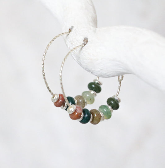 Handmade Indian Agate Sterling Silver Hoop Earrings