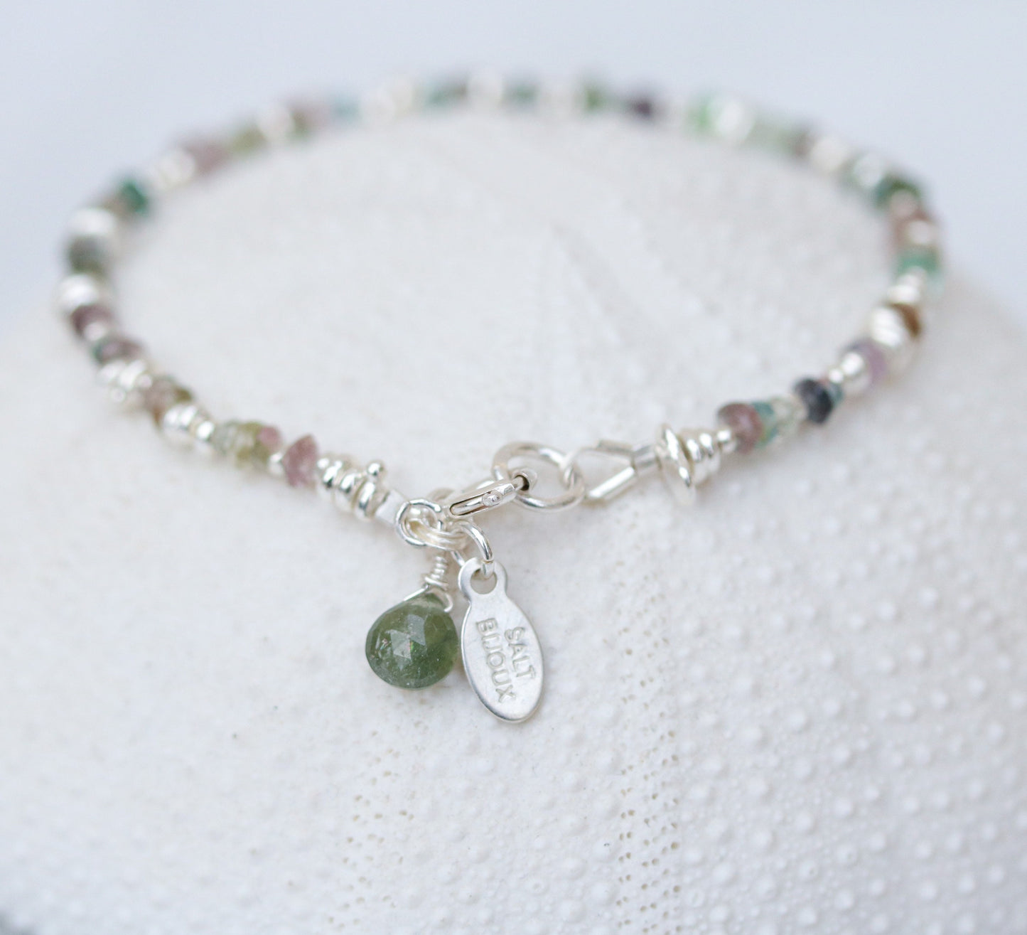 Karen Hill Tribe Silver Nugget Bracelet: Green Tourmaline Gemstone