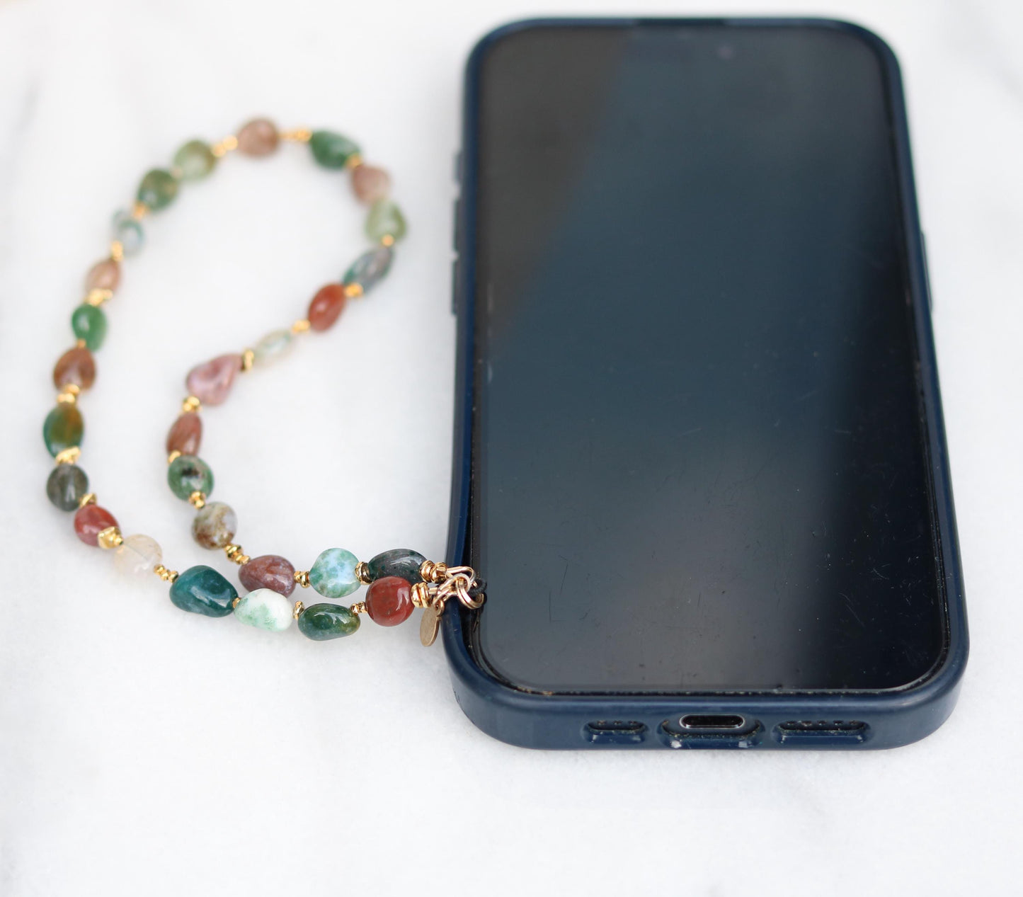 Indian Agate Phone Charm: Gold Vermeil Beaded Phone Lanyard, Handmade in France