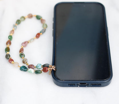 Indian Agate Phone Charm: Gold Vermeil Beaded Phone Lanyard, Handmade in France