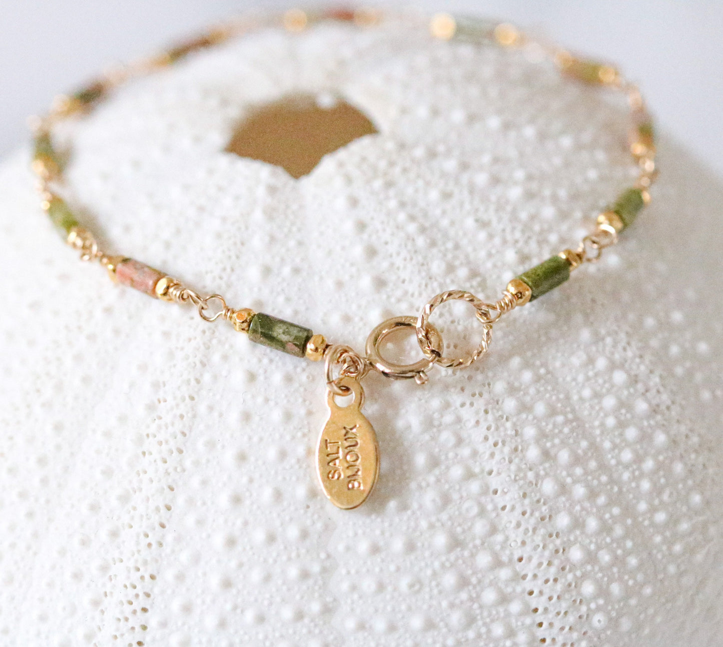Delicate Unakite Bracelet: Gold Chain, Karen Hill Tribe Beads