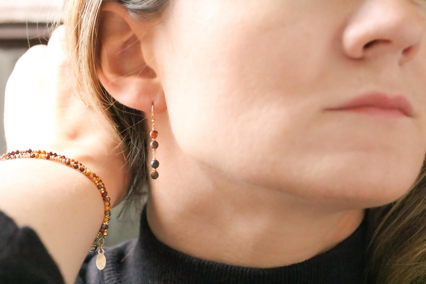 Pietersite Dangle Earrings: 14k Gold Filled with Karen Hill Tribe Beads