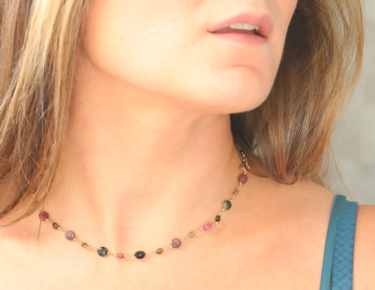 Faceted Tourmaline Coin Necklace: 14k Gold Fill, October Birthstone