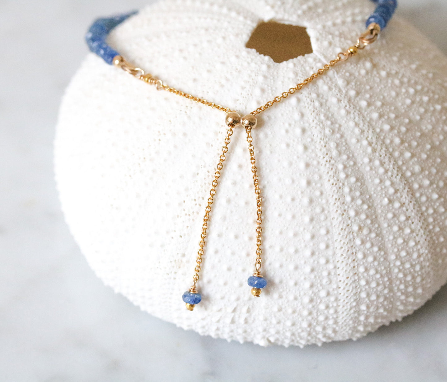 Faceted Sapphire Bracelet: Gold Karen Hill Tribe Bead, Adjustable Chain