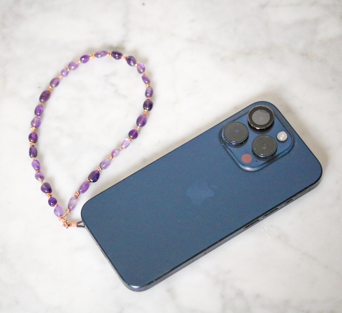 Handmade Amethyst Phone Charm: Beaded Gemstone Wristlet with Gold Vermeil