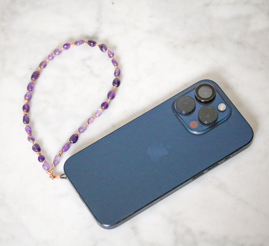 Handmade Amethyst Phone Charm: Beaded Gemstone Wristlet with Gold Vermeil