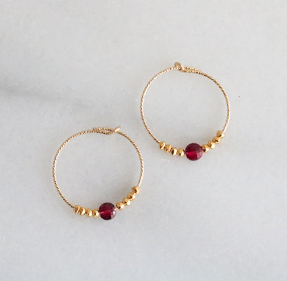 Faceted Garnet Gold Filled Hoops: January Birthstone Earrings