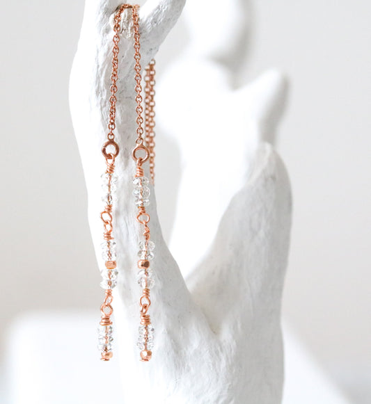 Handmade Clear Quartz Threader Earrings: Rose Gold Fill Dangle Jewelry