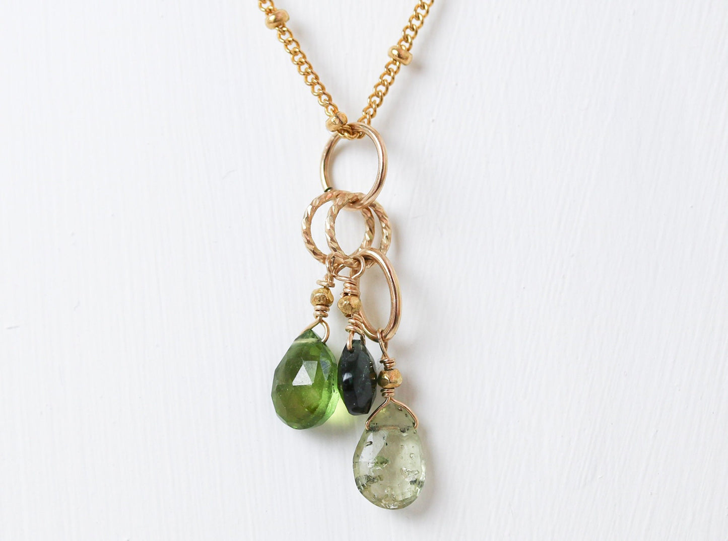 Handmade Faceted Tourmaline Gold Necklace: Hammered Rings, October Birthstone