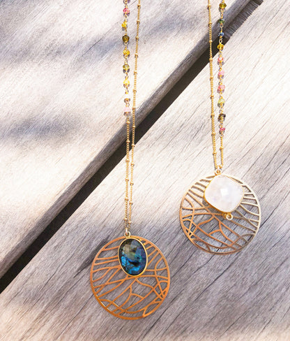 Labradorite Gold Dreamcatcher Necklace: Asymmetric Tourmaline Gemstone, Handmade in Paris