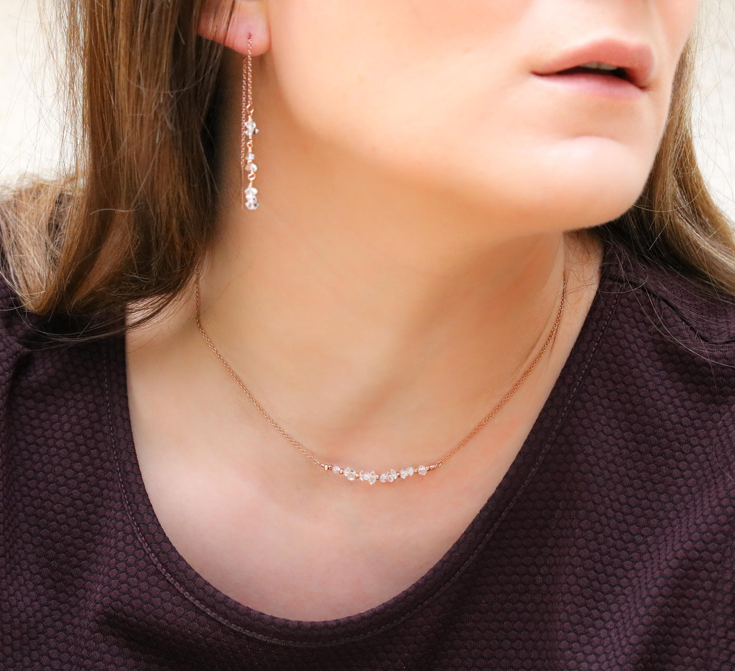 Herkimer Diamond Bar Necklace: 14K Rose Gold Fill, Adjustable Chain