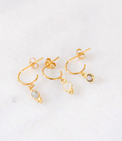 Moonstone, Labradorite & Smoky Quartz Gold Vermeil Huggie Hoop Earrings