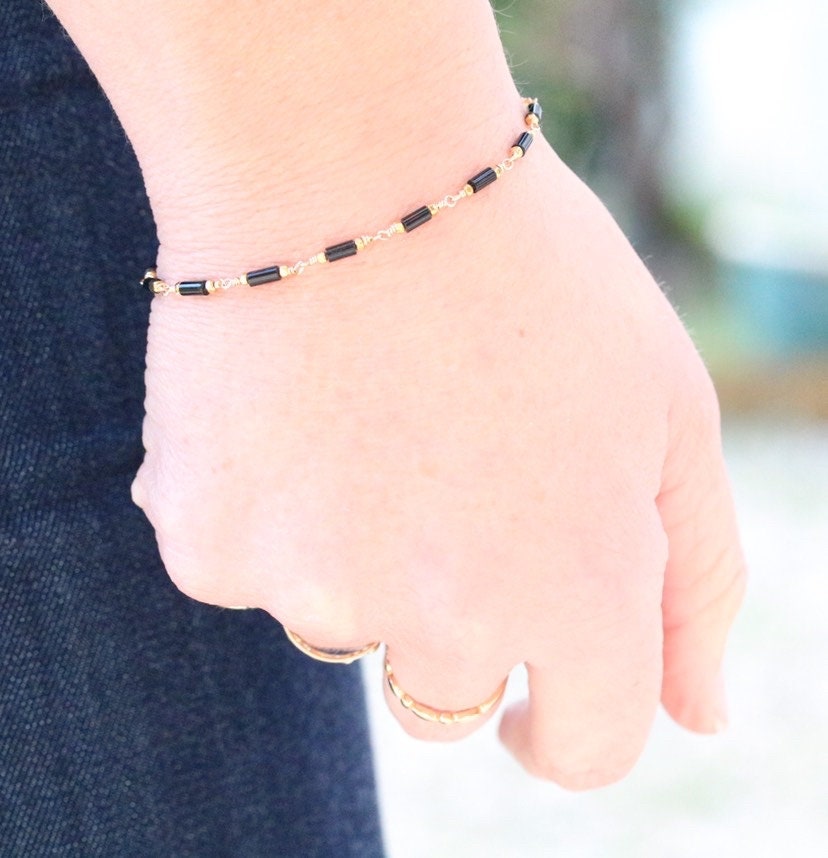Black Agate Bracelet: Gold Karen Hill Tribe Beads, Dainty Chain