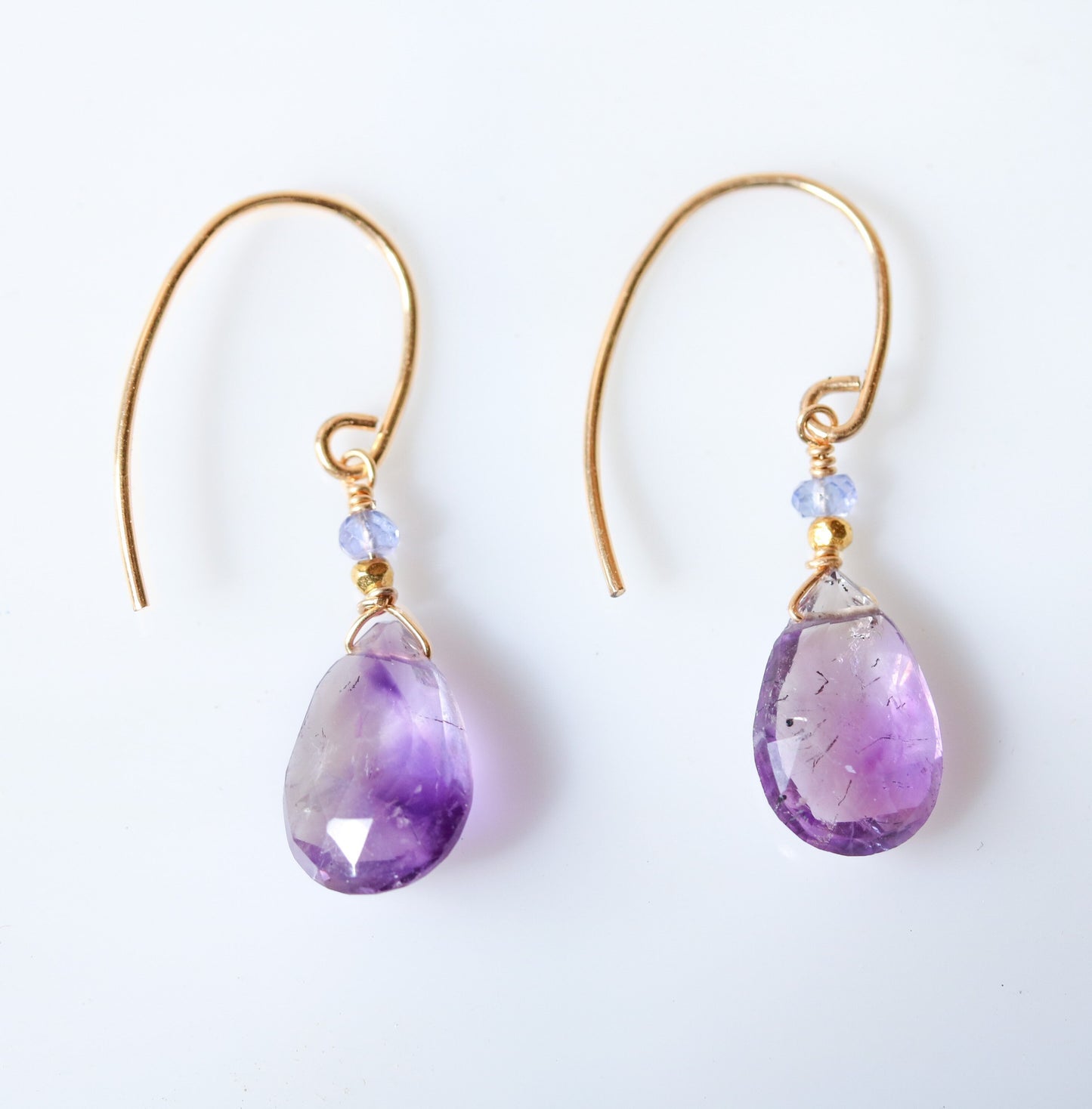Gold Rutilated Quartz & Tanzanite Teardrop Earrings: Modern Minimalist Design