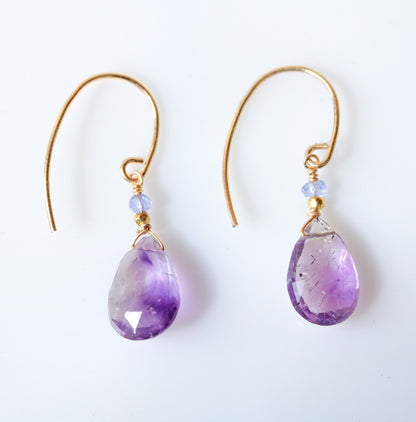 Gold Rutilated Quartz & Tanzanite Teardrop Earrings: Modern Minimalist Design