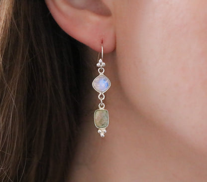 Moonstone & Green Quartz Solid Silver Dangle Earrings