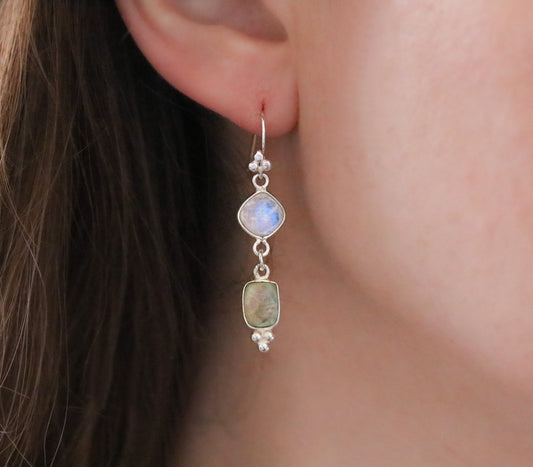 Moonstone & Green Quartz Solid Silver Dangle Earrings