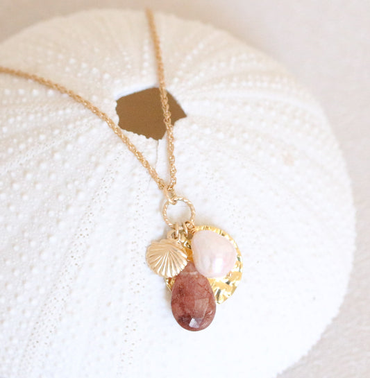 Rutilated Quartz and Pearl Gold Charm Necklace - June Birthstone