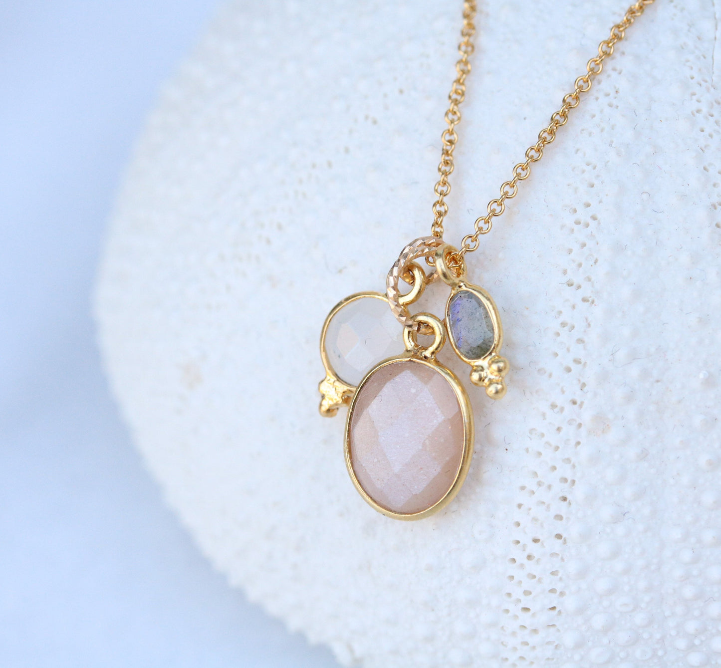Handmade Gold Charm Necklace: Moonstone, Sunstone & Labradorite Gemstones