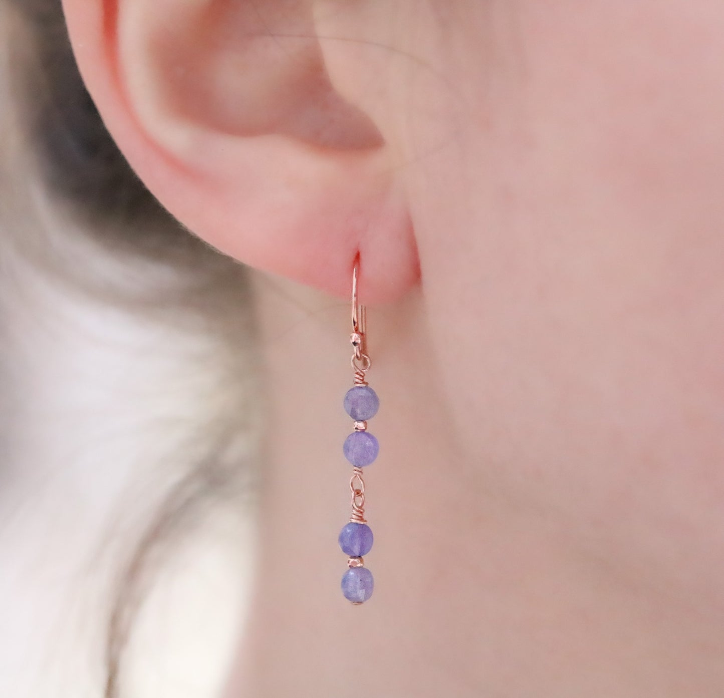 Tanzanite Dangle Earrings: Rose Gold Karen Hill Tribe Beads