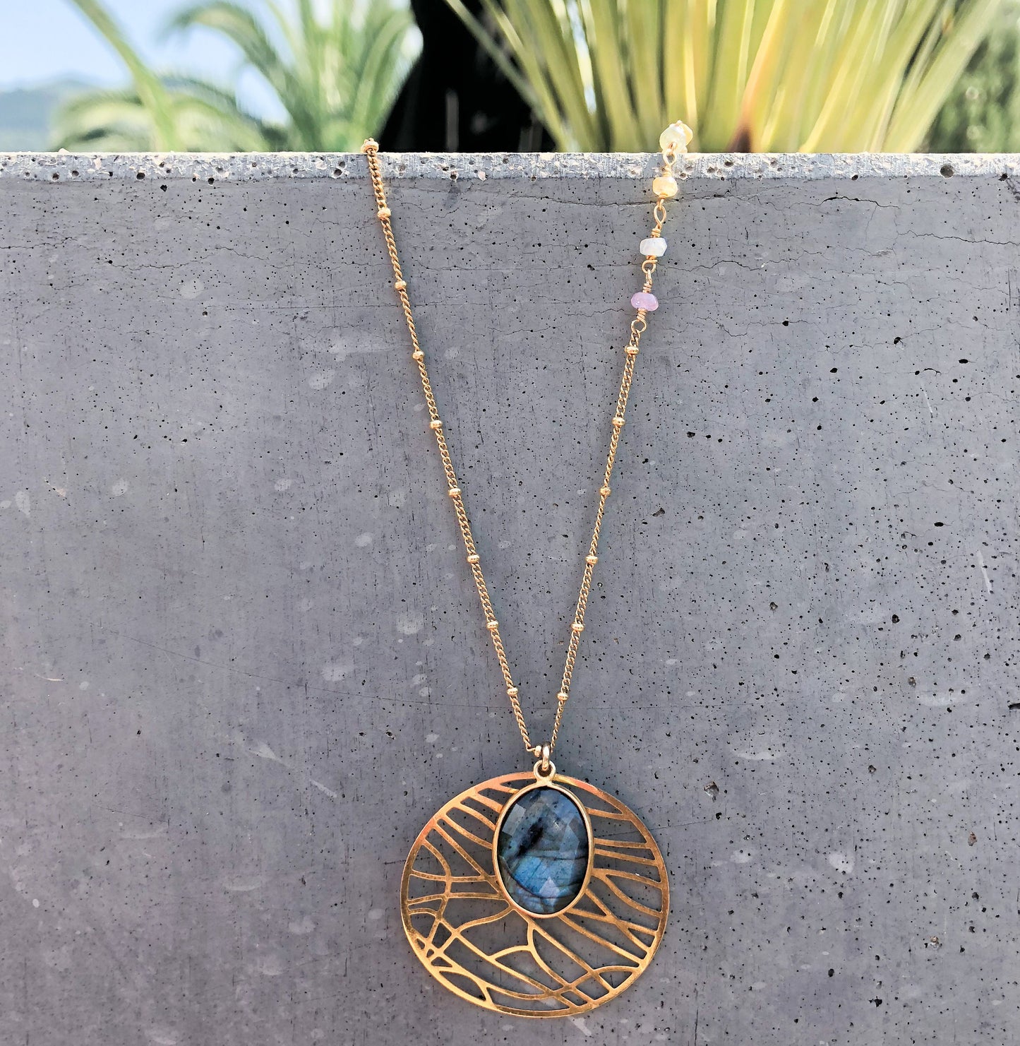 Labradorite Gold Dreamcatcher Necklace: Asymmetric Tourmaline Gemstone, Handmade in Paris