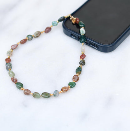 Indian Agate Phone Charm: Gold Vermeil Beaded Phone Lanyard, Handmade in France