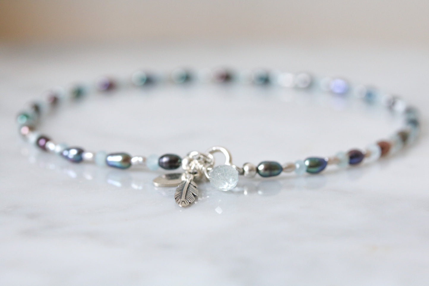 Handmade Pearl & Aquamarine Anklet: Silver Feather Charm
