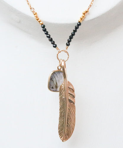 Handmade Labradorite Feather Necklace: Gold Filled Chain, Black Onyx Beads