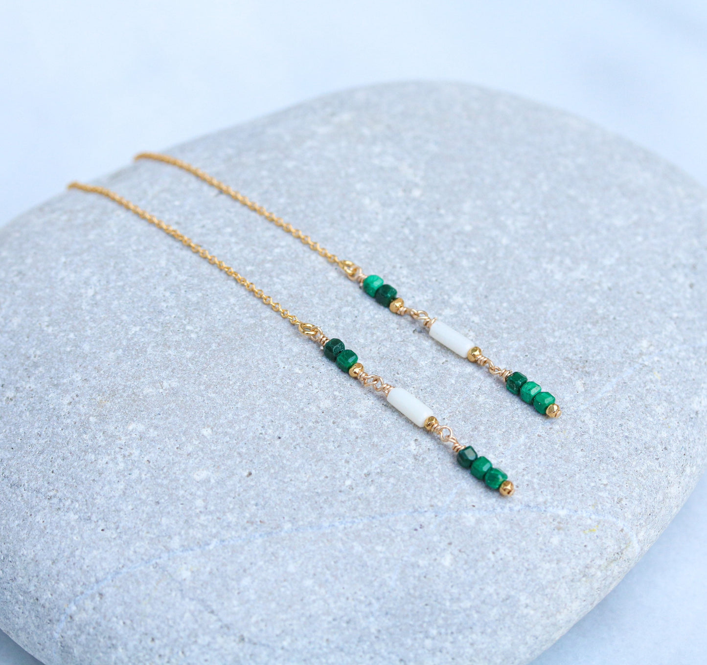Handmade Malachite & Sea Bamboo Threader Earrings: Gold Fill or Sterling Silver