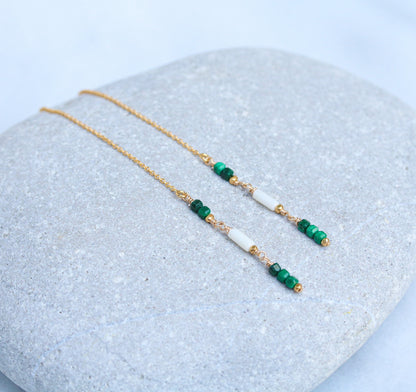Handmade Malachite & Sea Bamboo Threader Earrings: Gold Fill or Sterling Silver