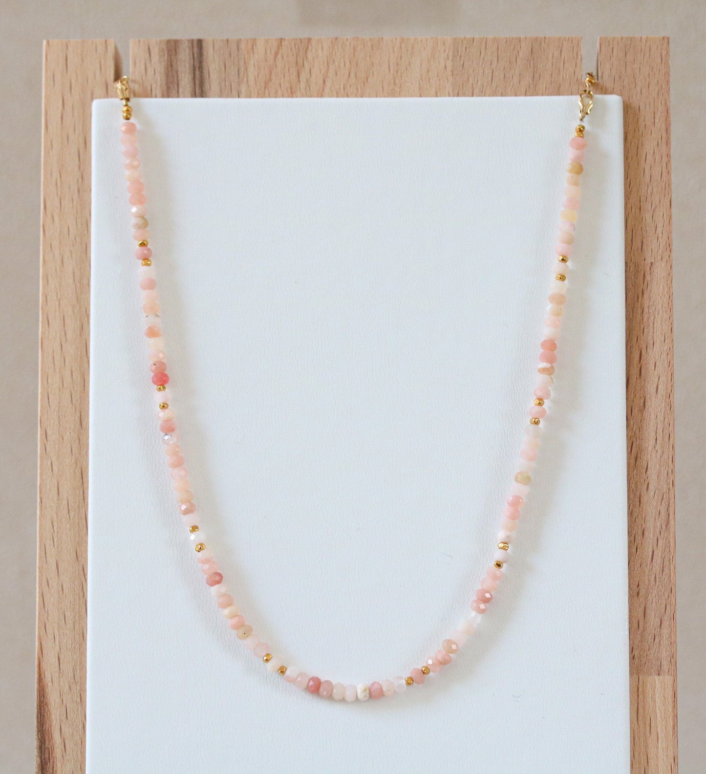 Faceted Pink Opal Necklace: Gold Karen Hill Tribe Beads, Adjustable Length
