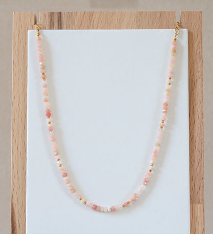 Faceted Pink Opal Necklace: Gold Karen Hill Tribe Beads, Adjustable Length