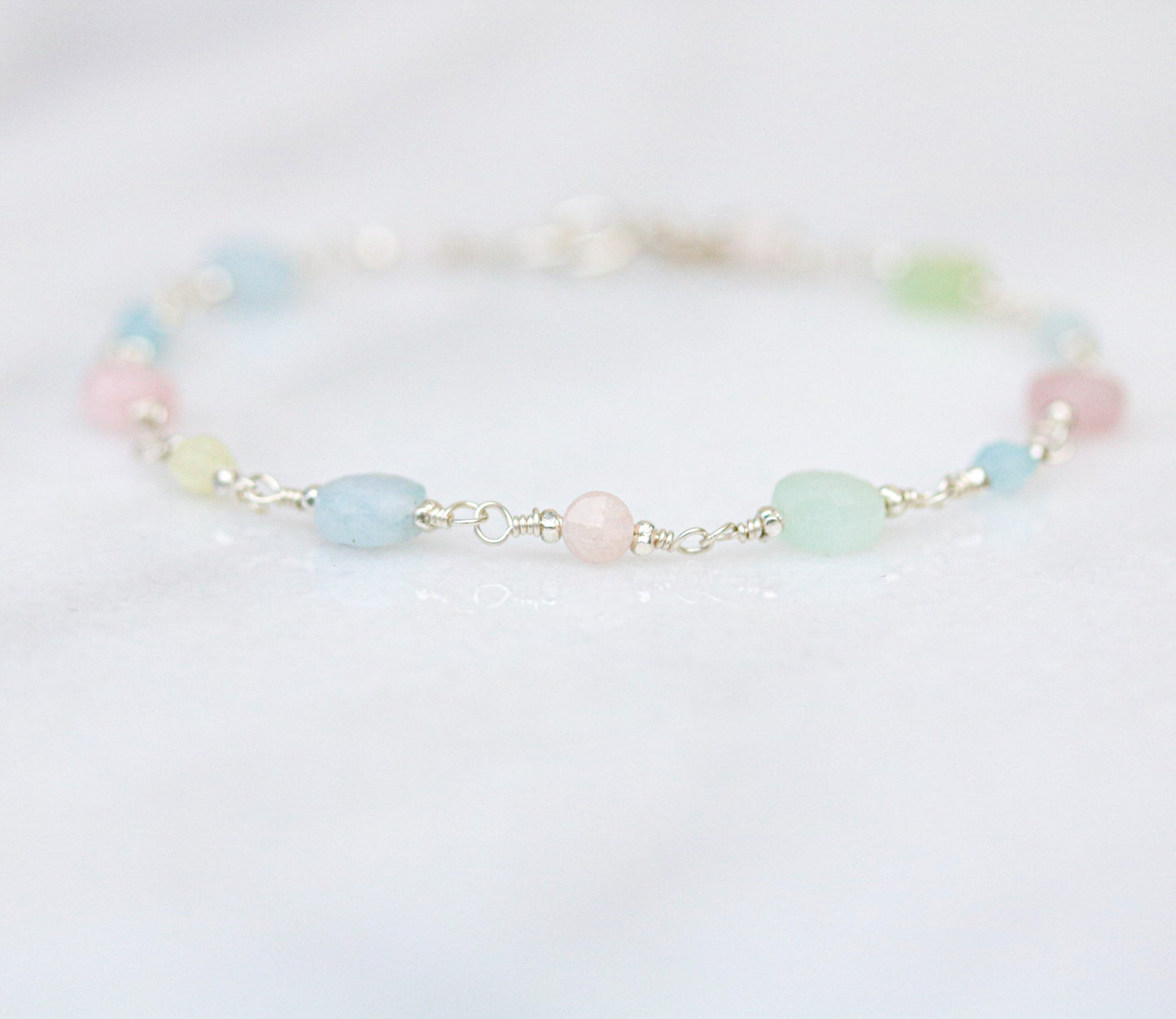 Sterling Silver Morganite Aquamarine Bracelet: Faceted Coin Gemstone