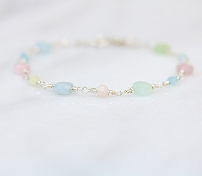 Sterling Silver Morganite Aquamarine Bracelet: Faceted Coin Gemstone