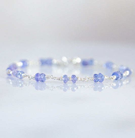 Tanzanite Sterling Silver Bracelet: Dainty Faceted Rondelles, December Birthstone