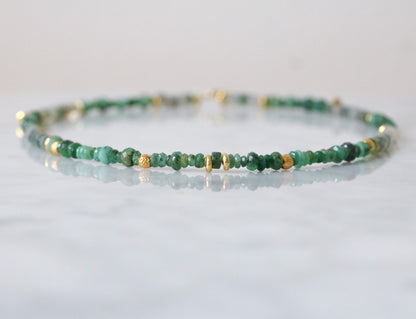 Moss Agate & Emerald Heishi Necklace: Gold Vermeil Surfer Choker