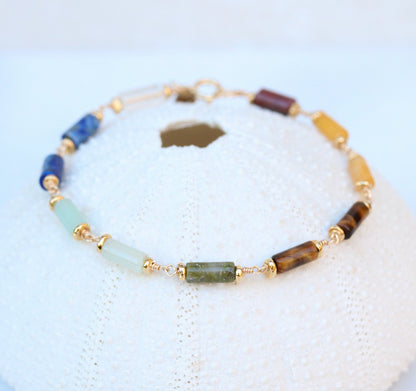 7 Chakra Gemstone Bracelet: Gold Fill Chain, Karen Hill Tribe Beads