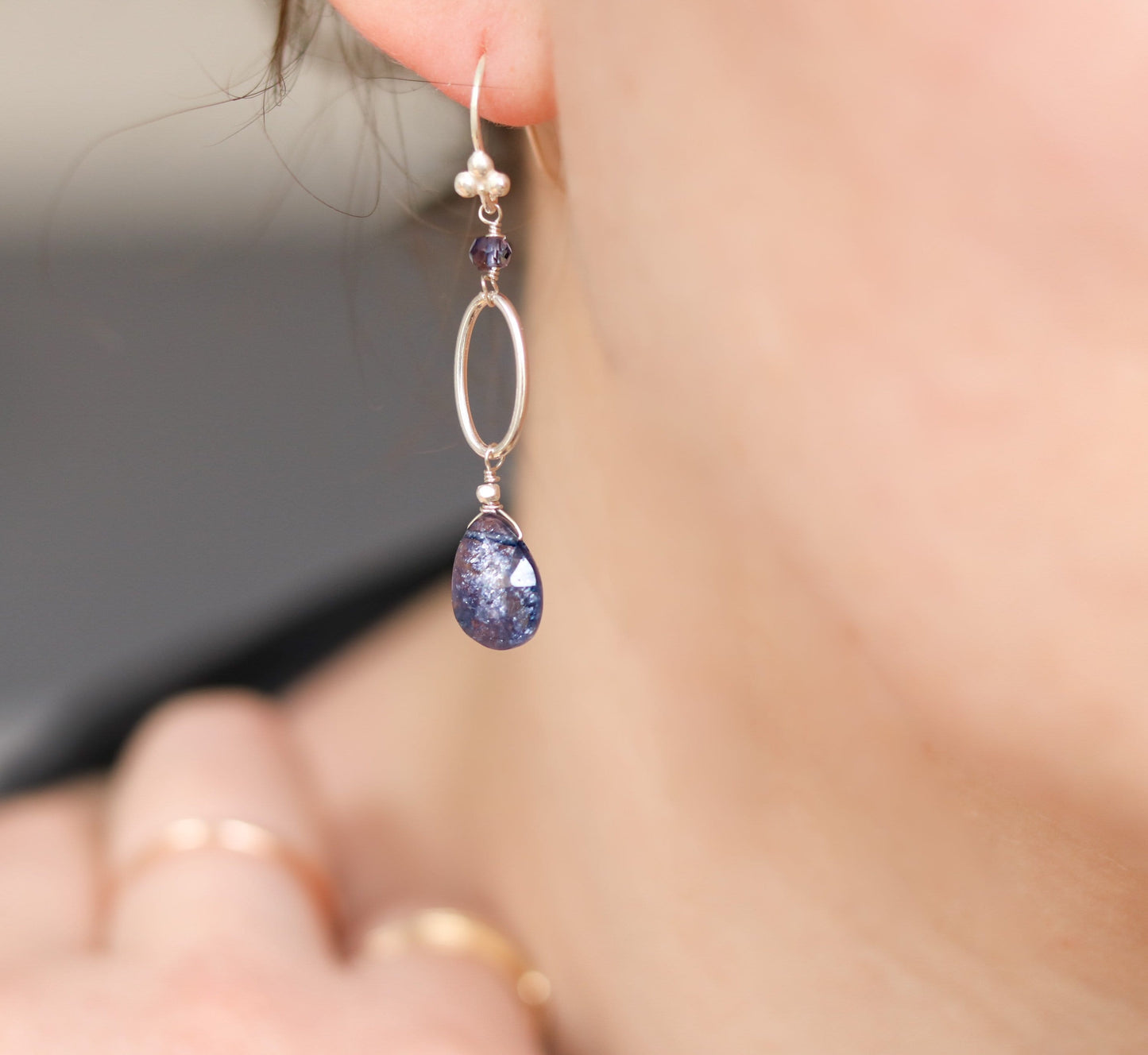 Handmade Iolite Drop Earrings: Sterling Silver Modern Design
