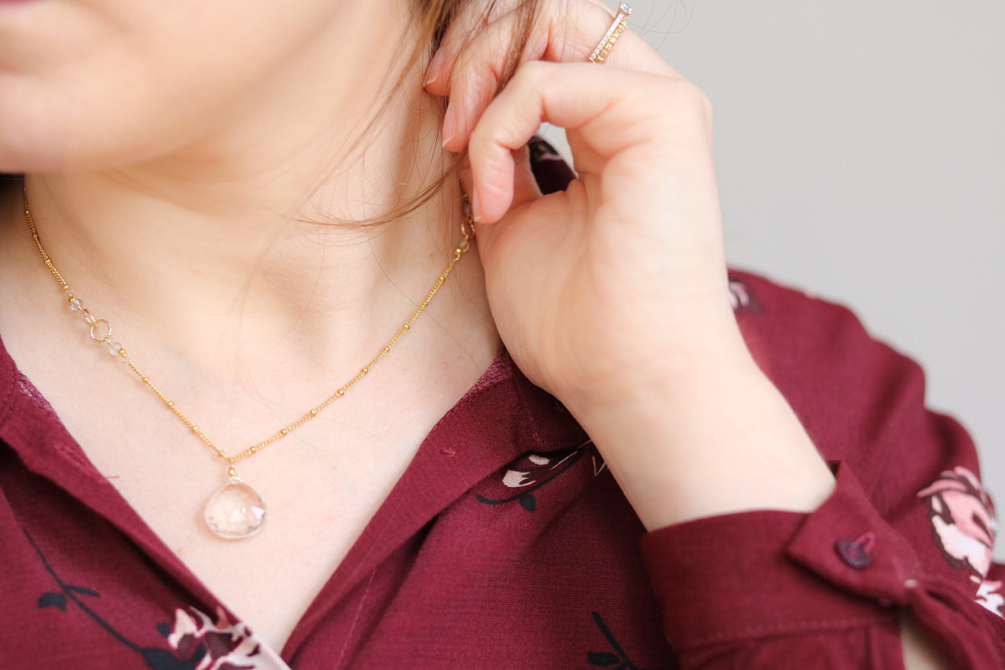 Handmade Rutilated Quartz Gold Ball Chain Necklace - Asymmetric Design
