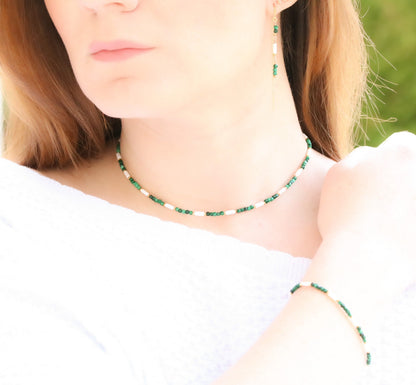 Malachite & Sea Bamboo Bracelet: 14k Gold Filled Accent Beads