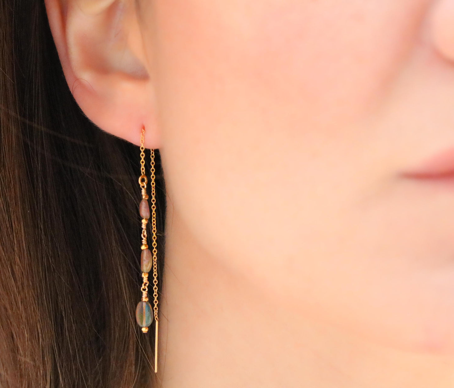 Ethiopian Opal Threader Earrings: Handmade 14k Gold Fill, October Birthstone