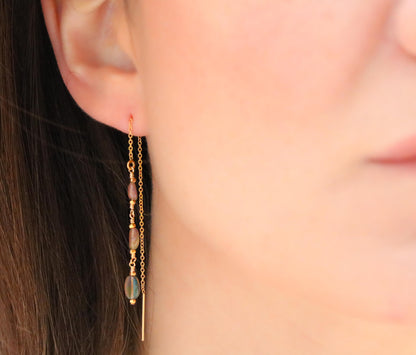 Ethiopian Opal Threader Earrings: Handmade 14k Gold Fill, October Birthstone