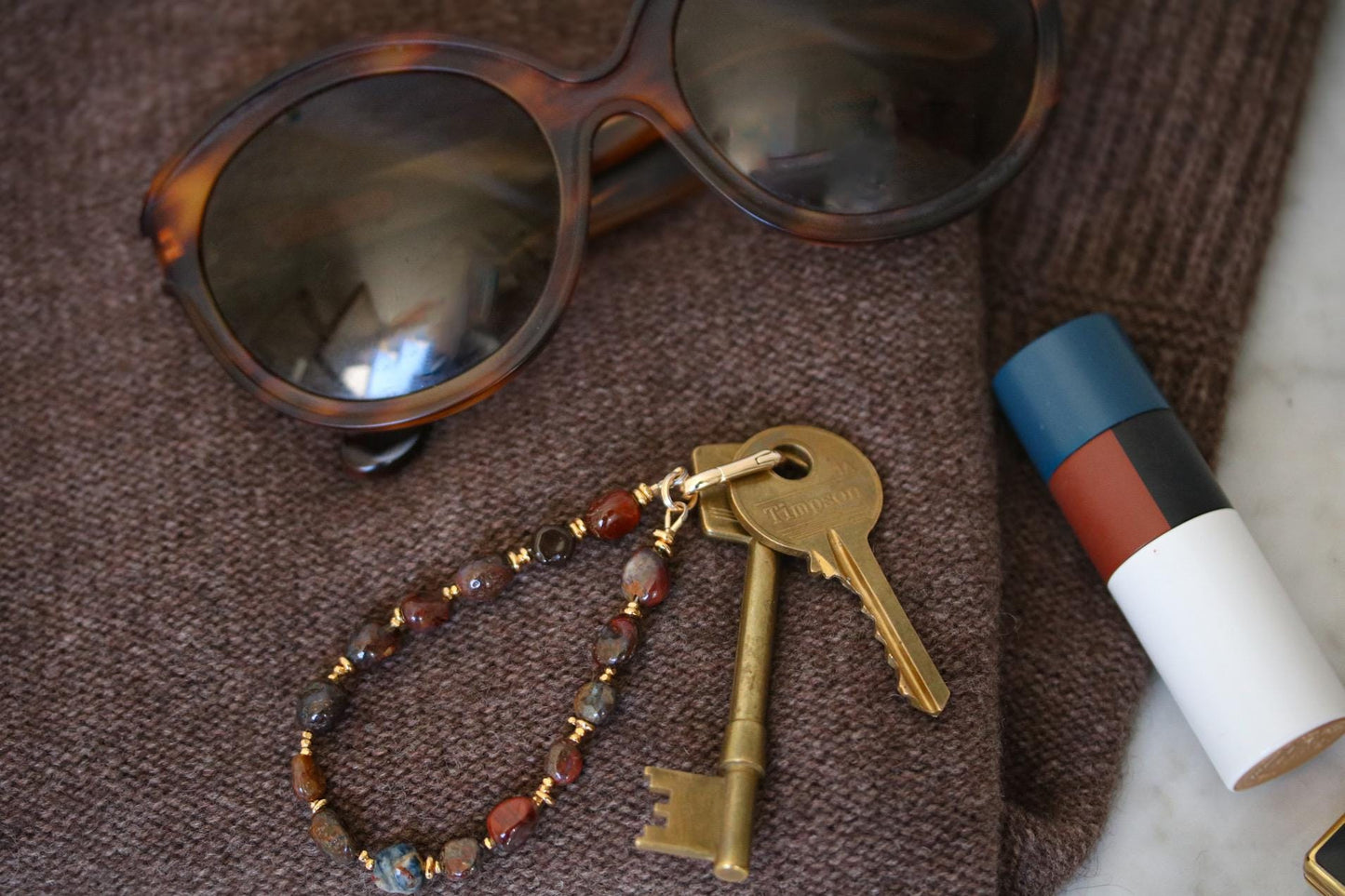 Handmade Pietersite Keyring: 14k Gold Vermeil Gemstone Bag Charm