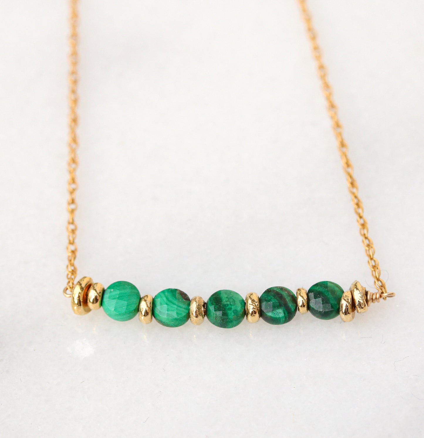 Malachite Coin Bar Necklace: 14ct Gold Fill Chain, Adjustable Fit