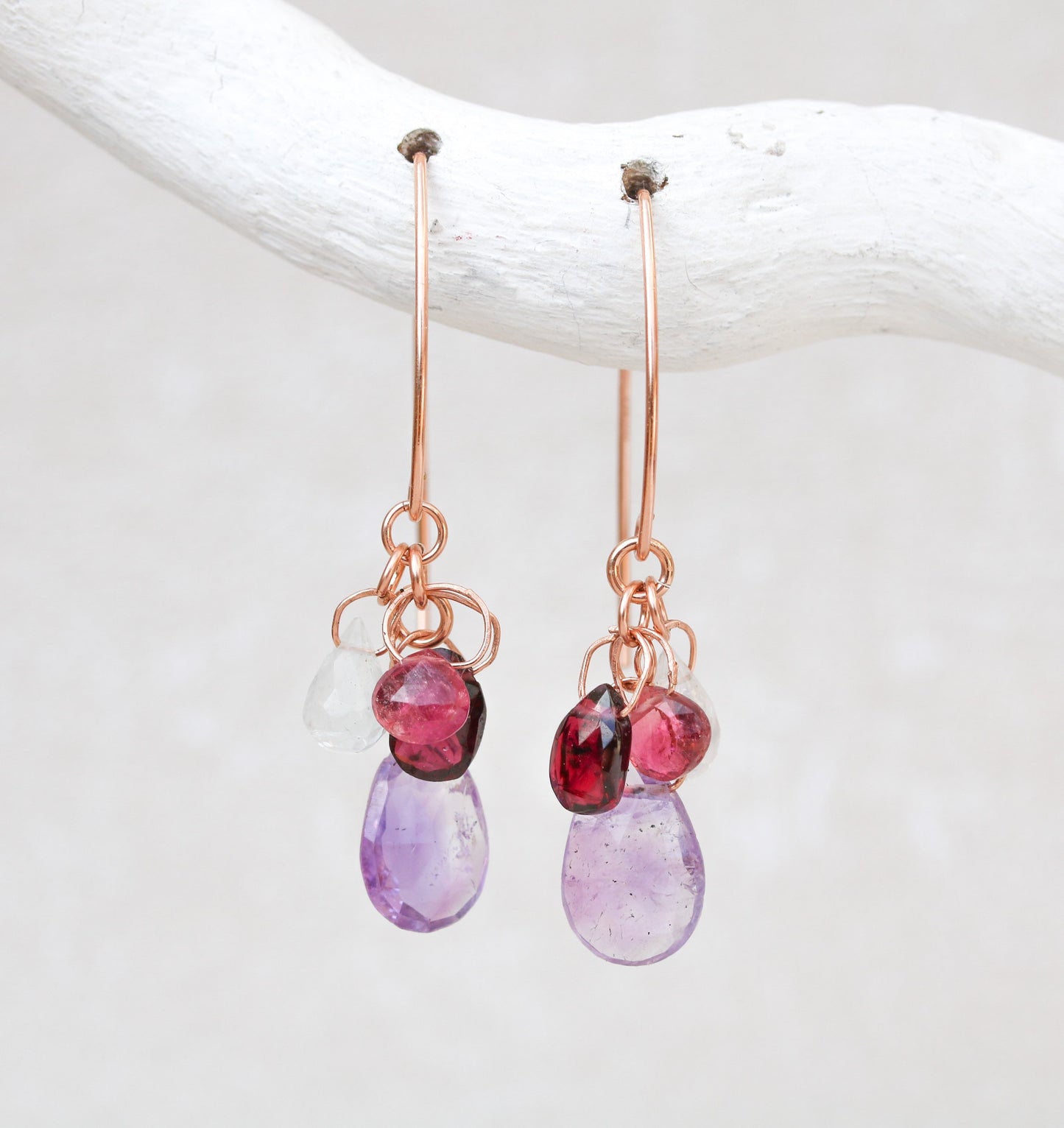 Handmade Rose Gold Gemstone Earrings: Tourmaline, Quartz & Garnet