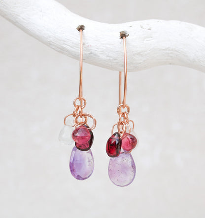Handmade Rose Gold Gemstone Earrings: Tourmaline, Quartz & Garnet