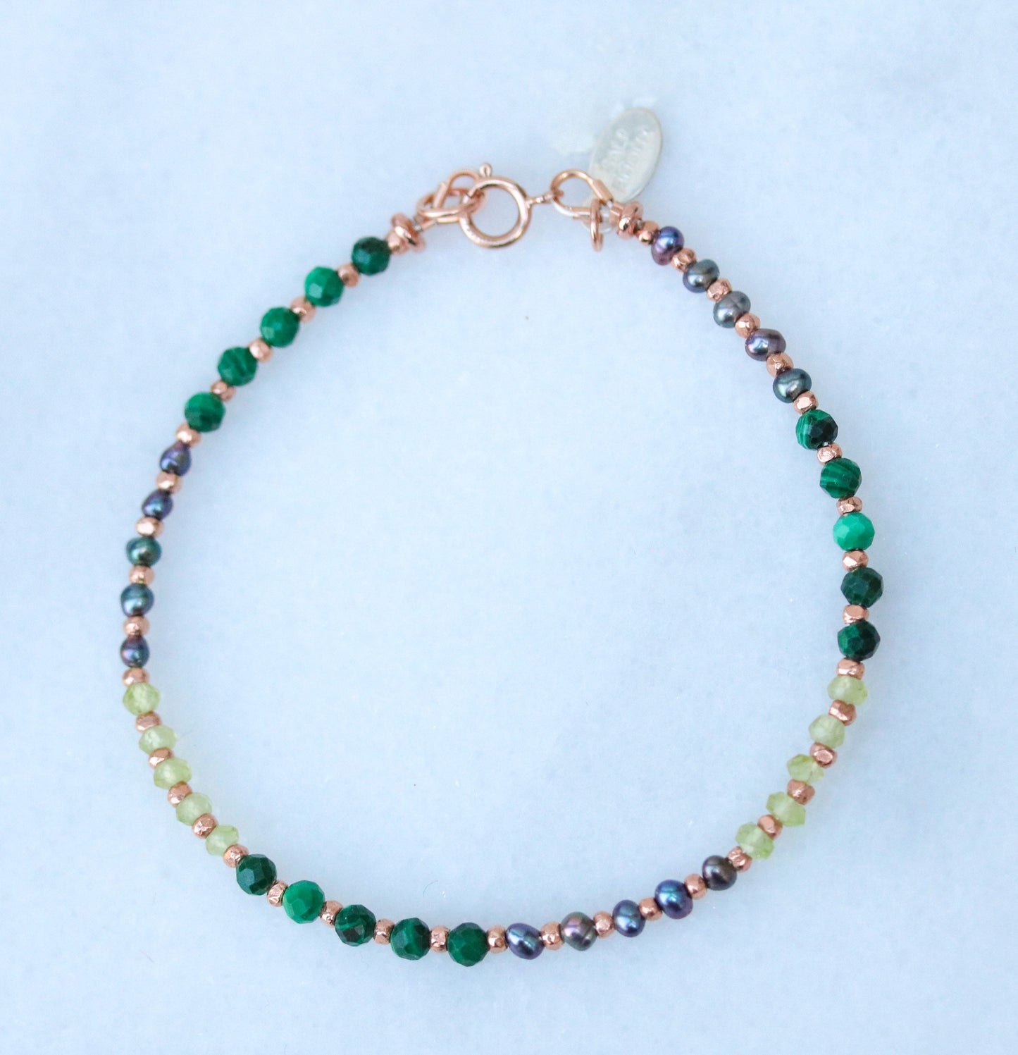 Handmade Pearl & Gemstone Bracelet: Peridot, Malachite, Rose Gold