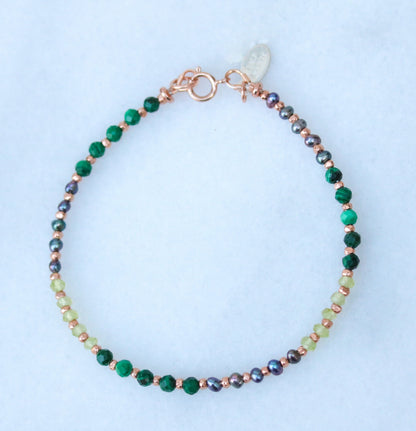 Handmade Pearl & Gemstone Bracelet: Peridot, Malachite, Rose Gold