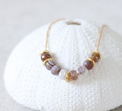 Faceted Botswana Agate Rondelle Necklace: Adjustable Gold Filled Chain